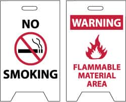 NMC - No Smoking, Warning - Flammable Material Area, 12" Wide x 20" High, Plastic Floor Sign - A-Frame, Red & Black on White, For Hazardous Materials - Exact Tooling