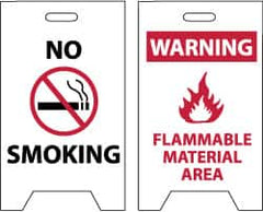 NMC - No Smoking, Warning - Flammable Material Area, 12" Wide x 20" High, Plastic Floor Sign - A-Frame, Red & Black on White, For Hazardous Materials - Exact Tooling