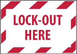 NMC - Accident Prevention Label - Legend: Lock-Out Here, English, Red on White, 5" Long x 3" High, Sign Muscle Finish - Exact Tooling