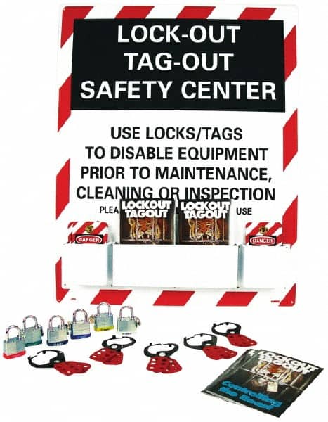 NMC - Equipped Polystyrene Tag and Padlock / Hasp Station - 24 Inch Wide x 30 Inch High, Red, White and White on Black - Exact Tooling