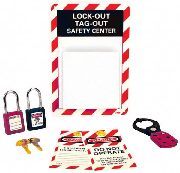 NMC - Equipped Polystyrene Tag and Padlock / Hasp Station - 7 Inch Wide x 10 Inch High, Red, White and White on Black - Exact Tooling