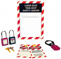 NMC - Equipped Polystyrene Tag and Padlock / Hasp Station - 7 Inch Wide x 10 Inch High, Red, White and White on Black - Exact Tooling