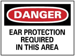 NMC - Accident Prevention Label, Header: DANGER - Legend: Danger - Ear Protection Required, English, Red, Black & White, 5" Long x 3" High, Sign Muscle Finish - Exact Tooling