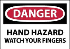 NMC - Hazardous Materials Label, Header: DANGER - Legend: Danger - Hand Hazard - Watch Your Fingers, English, Red, Black & White, 5" Long x 3" High, Sign Muscle Finish - Exact Tooling
