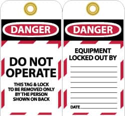 NMC - 3" High x 6" Long, DANGER - DO NOT OPERATE - THIS TAG & LOCK TO BE REMOVED ONLY BY THE PERSON SHOWN ON BACK, English Safety & Facility Lockout Tag - Tag Header: Danger, 2 Sides, Black, Red & White Unrippable Vinyl - Exact Tooling