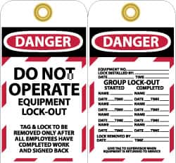 NMC - 3" High x 6" Long, DANGER - DO NOT OPERATE - EQUIPMENT LOCK-OUT, English Safety & Facility Lockout Tag - Tag Header: Danger, 2 Sides, Black, Red & White Unrippable Vinyl - Exact Tooling