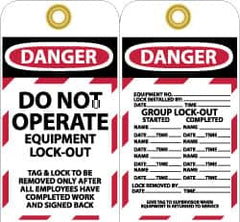 NMC - 3" High x 6" Long, DANGER - DO NOT OPERATE - EQUIPMENT LOCK-OUT, English Safety & Facility Lockout Tag - Tag Header: Danger, 2 Sides, Black, Red & White Unrippable Vinyl - Exact Tooling