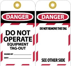 NMC - 3" High x 6" Long, DANGER - DO NOT OPERATE - EQUIPMENT TAG-OUT, English Safety & Facility Lockout Tag - Tag Header: Danger, 2 Sides, Black, Red & White Unrippable Vinyl - Exact Tooling