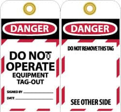 NMC - 3" High x 6" Long, DANGER - DO NOT OPERATE - EQUIPMENT TAG-OUT, English Safety & Facility Lockout Tag - Tag Header: Danger, 2 Sides, Black, Red & White Unrippable Vinyl - Exact Tooling