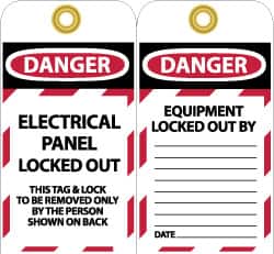 NMC - 3" High x 6" Long, DANGER - ELECTRICAL PANEL LOCKED OUT - THIS TAG & LOCK TO BE REMOVED ONLY BY THE PERSON SHOWN ON BACK, English Safety & Facility Lockout Tag - Tag Header: Danger, 2 Sides, Black, Red & White Unrippable Vinyl - Exact Tooling