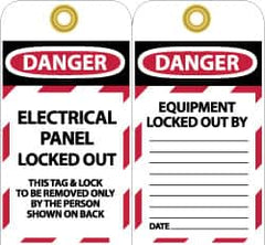 NMC - 3" High x 6" Long, DANGER - ELECTRICAL PANEL LOCKED OUT - THIS TAG & LOCK TO BE REMOVED ONLY BY THE PERSON SHOWN ON BACK, English Safety & Facility Lockout Tag - Tag Header: Danger, 2 Sides, Black, Red & White Unrippable Vinyl - Exact Tooling