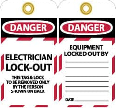 NMC - 3" High x 6" Long, DANGER - ELECTRICIAN LOCK-OUT - THIS TAG & LOCK TO BE REMOVED ONLY BY THE PERSON SHOWN ON BACK, English Safety & Facility Lockout Tag - Tag Header: Danger, 2 Sides, Black, Red & White Unrippable Vinyl - Exact Tooling