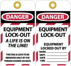NMC - 3" High x 6" Long, DANGER - EQUIPMENT LOCK-OUT - A LIFE IS ON THE LINE! THIS TAG & LOCK TO BE REMOVED ONLY BY THE PERSON SHOWN ON BACK, English Safety & Facility Lockout Tag - Tag Header: Danger, 2 Sides, Black, Red & White Unrippable Vinyl - Exact Tooling