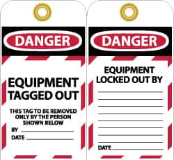 NMC - 3" High x 6" Long, DANGER - EQUIPMENT TAGGED OUT - THIS TAG TO BE REMOVED ONLY BY THE PERSON SHOWN BELOW, English Safety & Facility Lockout Tag - Tag Header: Danger, 2 Sides, Black, Red & White Unrippable Vinyl - Exact Tooling