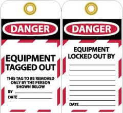 NMC - 3" High x 6" Long, DANGER - EQUIPMENT TAGGED OUT - THIS TAG TO BE REMOVED ONLY BY THE PERSON SHOWN BELOW, English Safety & Facility Lockout Tag - Tag Header: Danger, 2 Sides, Black, Red & White Unrippable Vinyl - Exact Tooling