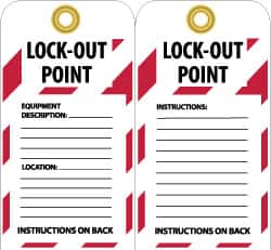NMC - 3" High x 6" Long, LOCK-OUT POINT, English Safety & Facility Lockout Tag - Tag Header: Notice, 2 Sides, Black, Red & White Unrippable Vinyl - Exact Tooling