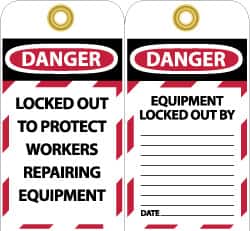 NMC - 3" High x 6" Long, DANGER - LOCKED OUT TO PROTECT WORKERS REPAIRING EQUIPMENT, English Safety & Facility Lockout Tag - Tag Header: Danger, 2 Sides, Black, Red & White Unrippable Vinyl - Exact Tooling