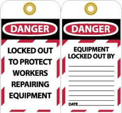 NMC - 3" High x 6" Long, DANGER - LOCKED OUT TO PROTECT WORKERS REPAIRING EQUIPMENT, English Safety & Facility Lockout Tag - Tag Header: Danger, 2 Sides, Black, Red & White Unrippable Vinyl - Exact Tooling