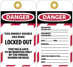 NMC - 3" High x 6" Long, DANGER - THIS ENERGY SOURCE HAS BEEN LOCKED OUT - THIS TAB & LOCK TO BE REMOVED ONLY BY THE PERSON SHOWN ON BACK, English Safety & Facility Lockout Tag - Tag Header: Danger, 2 Sides, Black, Red & White Unrippable Vinyl - Exact Tooling