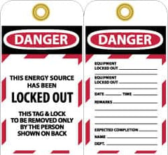 NMC - 3" High x 6" Long, DANGER - THIS ENERGY SOURCE HAS BEEN LOCKED OUT - THIS TAB & LOCK TO BE REMOVED ONLY BY THE PERSON SHOWN ON BACK, English Safety & Facility Lockout Tag - Tag Header: Danger, 2 Sides, Black, Red & White Unrippable Vinyl - Exact Tooling
