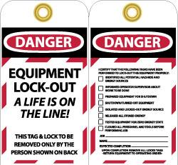 NMC - 3" High x 6" Long, DANGER - EQUIPMENT LOCK-OUT - A LIFE IS ON THE LINE! THIS TAG & LOCK TO BE REMOVED ONLY BY THE PERSON SHOWN ON BACK, English Safety & Facility Lockout Tag - Tag Header: Danger, 2 Sides, Black, Red & White Unrippable Vinyl - Exact Tooling