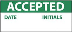 NMC - "Accepted - Date - Initials", 1" Long x 2-1/4" Wide, Pressure-Sensitive Vinyl Safety Sign - Rectangle, 0.004" Thick, Use for Inspection, Testing & Accident Data - Exact Tooling
