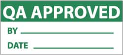 NMC - "QA Approved - By___, Date___", 1" Long x 2-1/4" Wide, Pressure-Sensitive Vinyl Safety Sign - Rectangle, 0.004" Thick, Use for Inspection, Testing & Accident Data - Exact Tooling