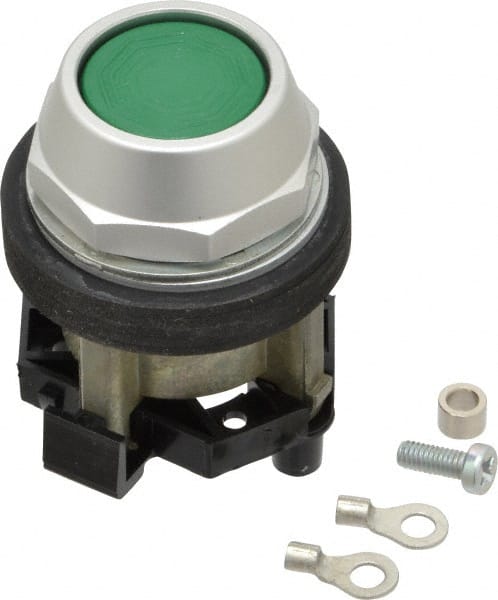Eaton Cutler-Hammer - 30-1/2mm Mount Hole, Flush, Pushbutton Switch Only - Round, Green Pushbutton, Nonilluminated, Momentary (MO), Corrosion Resistant, Oiltight and Watertight - Exact Tooling
