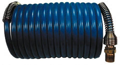 Coilhose Pneumatics - 3/8" ID, 3/8 Thread, 50' Long, Blue Nylon Coiled & Self Storing Hose - 230 Max psi, Male Swivel x Male Swivel - Exact Tooling