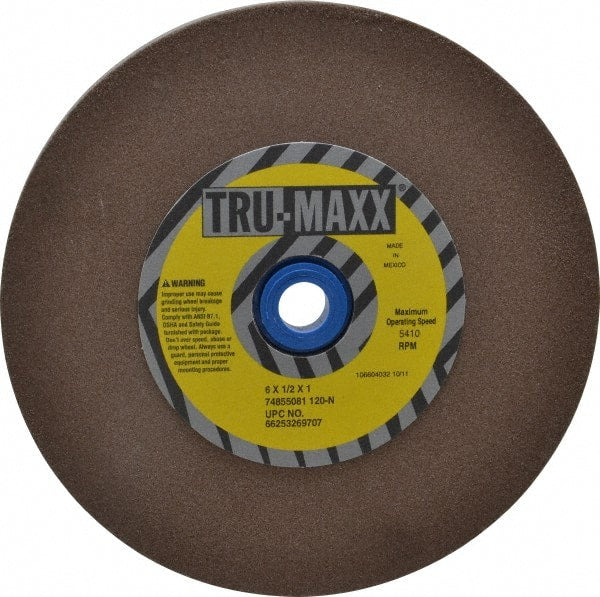 Tru-Maxx - 120 Grit Aluminum Oxide Bench & Pedestal Grinding Wheel - 6" Diam x 1" Hole x 1/2" Thick, 5410 Max RPM, O Hardness, Fine Grade , Vitrified Bond - Exact Tooling