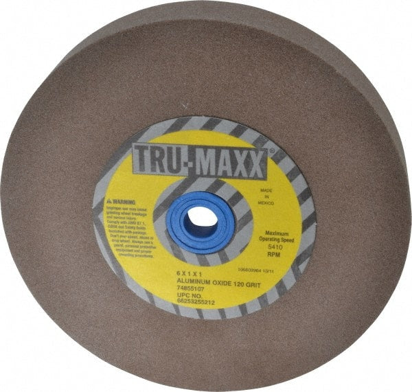 Tru-Maxx - 120 Grit Aluminum Oxide Bench & Pedestal Grinding Wheel - 6" Diam x 1" Hole x 1" Thick, 5410 Max RPM, O Hardness, Fine Grade , Vitrified Bond - Exact Tooling