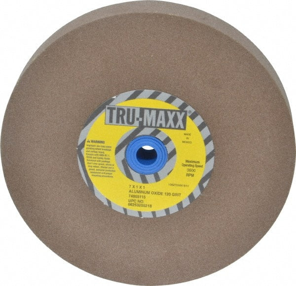 Tru-Maxx - 120 Grit Aluminum Oxide Bench & Pedestal Grinding Wheel - 7" Diam x 1" Hole x 1" Thick, 3600 Max RPM, O Hardness, Fine Grade , Vitrified Bond - Exact Tooling