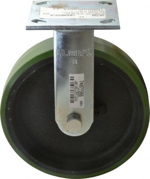 Albion - 8" Diam x 2" Wide x 9-1/2" OAH Top Plate Mount Rigid Caster - Polyurethane, 1,250 Lb Capacity, Precision Sealed Bearing, 4 x 4-1/2" Plate - Exact Tooling