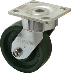 Albion - 5" Diam x 2" Wide x 6-1/2" OAH Top Plate Mount Swivel Caster - Polyurethane, 1,000 Lb Capacity, Roller Bearing, 4 x 4-1/2" Plate - Exact Tooling
