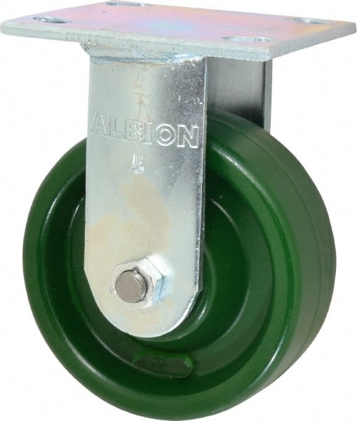 Albion - 5" Diam x 2" Wide x 6-1/2" OAH Top Plate Mount Rigid Caster - Polyurethane, 1,000 Lb Capacity, Precision Sealed Bearing, 4 x 4-1/2" Plate - Exact Tooling