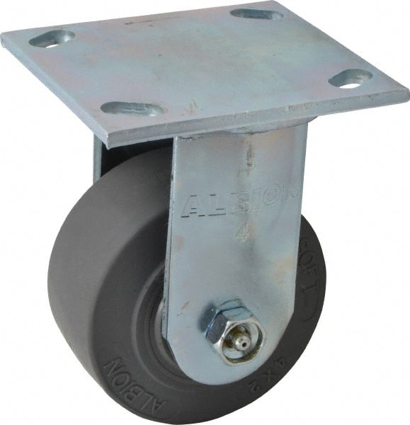 Albion - 4" Diam x 2" Wide x 5-5/8" OAH Top Plate Mount Rigid Caster - Soft Rubber, 350 Lb Capacity, Roller Bearing, 4 x 4-1/2" Plate - Exact Tooling