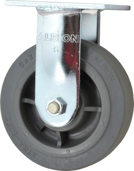 Albion - 6" Diam x 2" Wide x 7-1/2" OAH Top Plate Mount Rigid Caster - Soft Rubber, 600 Lb Capacity, Precision Sealed Bearing, 4 x 4-1/2" Plate - Exact Tooling