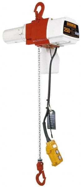 Harrington Hoist - 125 Lb Capacity, 69/13 FPM Lift Speed, Hook Mounted Hoist - 10' Max Lift, 12-1/4" Min Headroom, 1 Chain - Exact Tooling