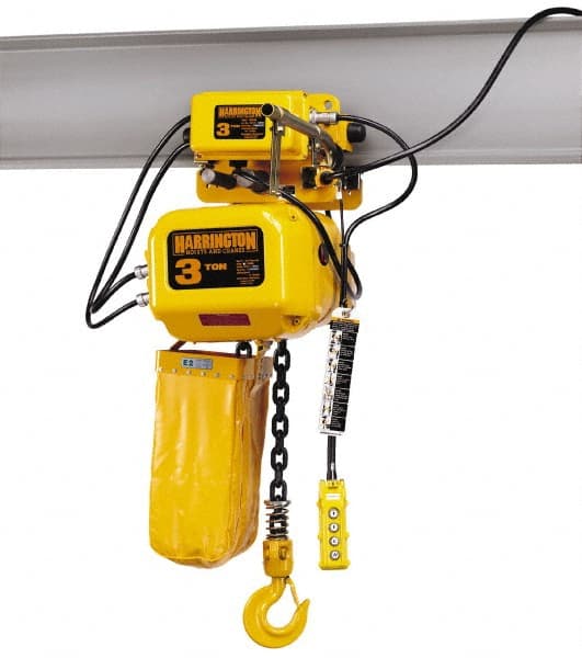Harrington Hoist - 2-1/2 Ton Capacity, 23 FPM Lift Speed, Hoist with Motorized Trolley - 20' Max Lift, 24-1/4" Min Headroom, 1 Chain - Exact Tooling