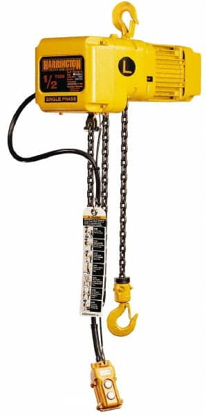 Harrington Hoist - 1 Ton Capacity, 7 FPM Lift Speed, Hook Mounted Hoist - 15' Max Lift, 16.1" Min Headroom, 1 Chain - Exact Tooling