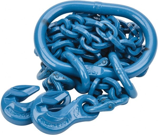 Pewag - 5' Long, 9,000 Lb Basket Capacity, 9,000 Lb Vertical Capacity, 2 Ply, Alloy Steel Web Sling - 4,500 Lb Choker Capacity, DOG Chain Sling, 9/32" Diam Chain, Blue, with 2 Grab Hooks & Master Link - Exact Tooling
