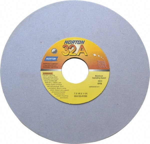 Norton - 7" Diam x 1-1/4" Hole x 1/8" Thick, K Hardness, 100 Grit Surface Grinding Wheel - Aluminum Oxide, Type 1, Fine Grade, 3,600 Max RPM, Vitrified Bond, No Recess - Exact Tooling