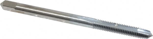 Made in USA - M3.5x0.60 Metric Coarse, 2 Flute, Chrome Finish, High Speed Steel Spiral Point Tap - Plug Chamfer, Right Hand Thread, 2" OAL, 11/16" Thread Length, 0.141" Shank Diam, 6H Class of Fit - Exact Tooling