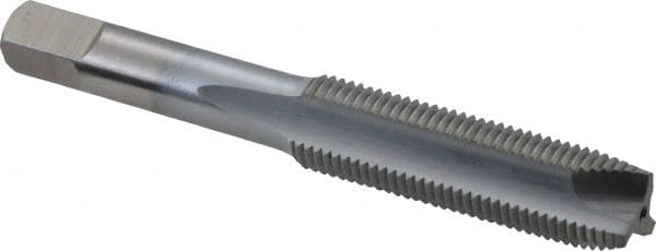 Made in USA - M12x1.25 Metric Fine, 3 Flute, Chrome Finish, High Speed Steel Spiral Point Tap - Plug Chamfer, Right Hand Thread, 3-3/8" OAL, 1-21/32" Thread Length, 0.367" Shank Diam - Exact Tooling