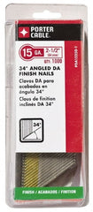 Porter-Cable - 15 Gauge 2-1/2" Long Finishing Nails for Power Nailers - Grade 2 Steel, Bright Finish, Angled Stick Collation, Chisel Point - Exact Tooling