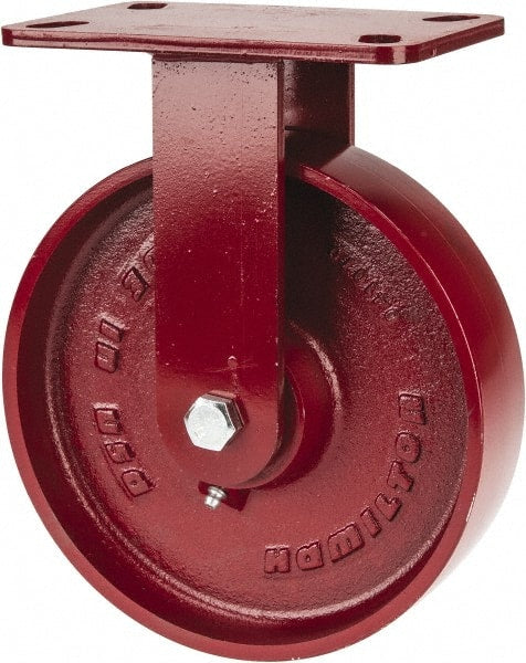 Hamilton - 8" Diam x 2" Wide x 9-3/4" OAH Top Plate Mount Rigid Caster - Cast Iron, 1,500 Lb Capacity, Roller Bearing, 4-1/2 x 6-1/2" Plate - Exact Tooling