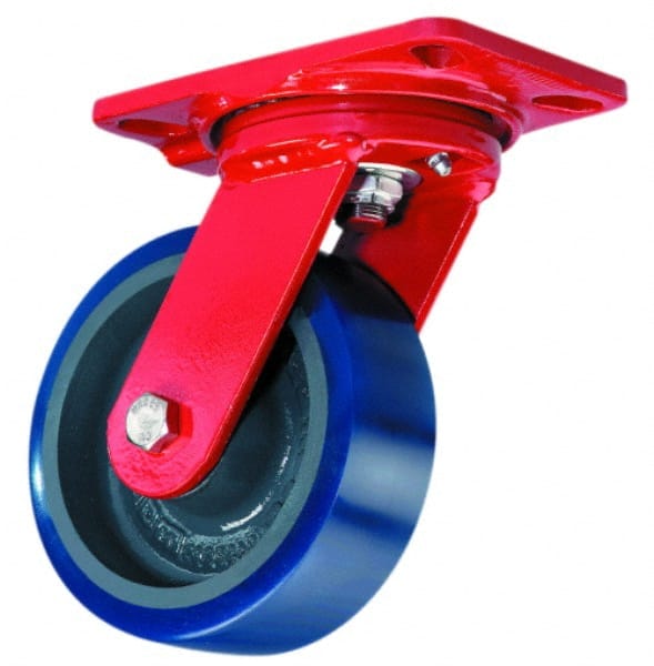 Hamilton - 8" Diam x 2" Wide x 9-3/4" OAH Top Plate Mount Swivel Caster with Brake - Polyurethane, 1,200 Lb Capacity, Precision Sealed Bearing, 4-1/2 x 6-1/2" Plate - Exact Tooling