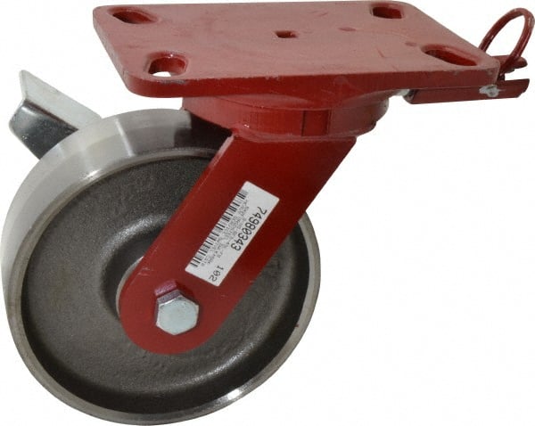 Hamilton - 6" Diam x 2" Wide x 7-3/4" OAH Top Plate Mount Swivel Caster with Brake - Forged Steel, 2,000 Lb Capacity, Roller Bearing, 4-1/2 x 6-1/2" Plate - Exact Tooling