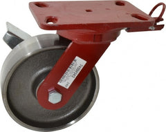 Hamilton - 6" Diam x 2" Wide x 7-3/4" OAH Top Plate Mount Swivel Caster with Brake - Forged Steel, 2,000 Lb Capacity, Roller Bearing, 4-1/2 x 6-1/2" Plate - Exact Tooling