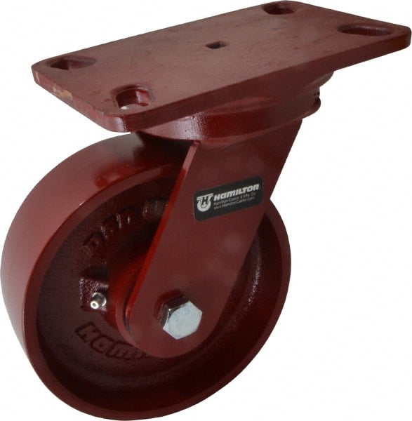 Hamilton - 6" Diam x 2" Wide x 7-3/4" OAH Top Plate Mount Swivel Caster - Cast Iron, 1,400 Lb Capacity, Roller Bearing, 4-1/2 x 6-1/2" Plate - Exact Tooling